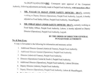 فوڈ سیفٹی آفیسر محکمہ فوڈ اتھارٹی وقار الحسن کا تبادلہ مظفر گڑھ تعینات